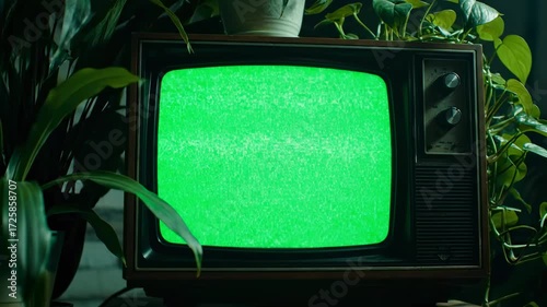 Wallpaper Mural Old-fashioned television with a glowing green screen for compositing, surrounded by indoor plants in a dark setting Torontodigital.ca