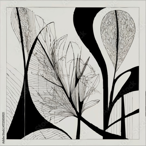 Abstract background for print and digital use with gray and black patterns, abstract hand drawn ink brush stroke and leaves, botanical leaves. natural floral design. artistic ink illustration