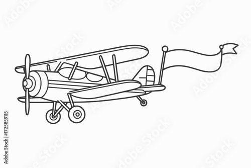 Vintage Biplane Outline Illustration with Blank Banner for Advertising or Announcements for Aviation Enthusiasts