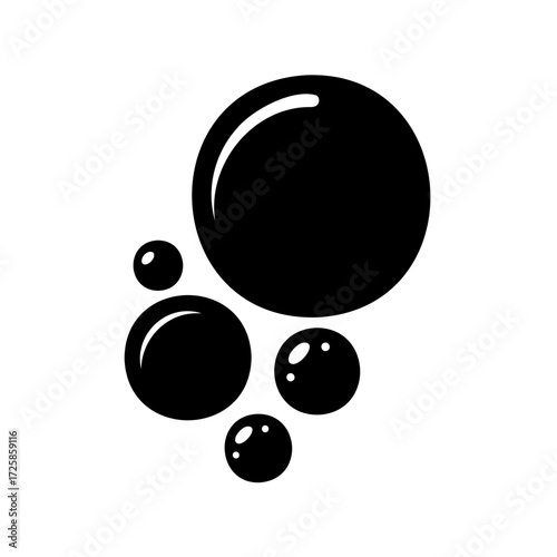 A captivating minimalist illustration of black, glossy bubbles with bright white highlights