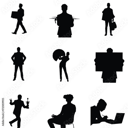 Black silhouette illustrations showcase diverse activities including business technology leisure and achievement on a white background