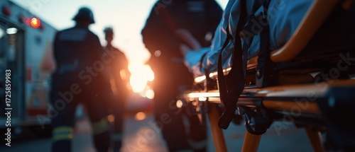 Emergency medical service team with patient on stretcher near ambulance at sunset Concept of healthcare, rescue, and urgency