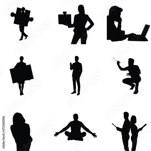 Silhouette collection featuring diverse people in various activities showcasing business lifestyle and creative concepts in vector format