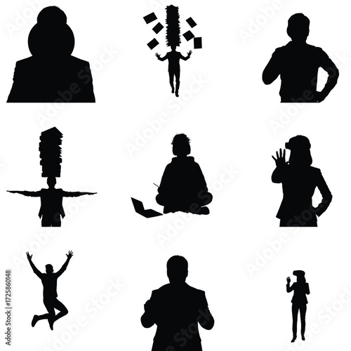 Silhouettes showcase diverse individuals in various activities including work leisure and technology use against a clean white background