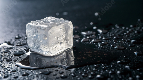 A cube of ice melting with shiny droplets glistening on dark reflective floor, symbolizing cool elegance and transience.