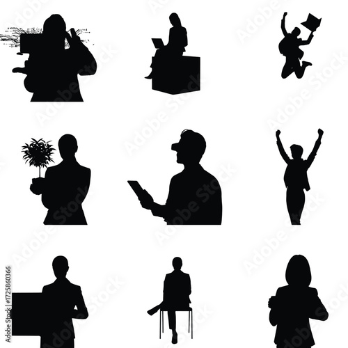 Silhouette collection showcasing diverse individuals engaged in various activities representing modern lifestyle and professional pursuits