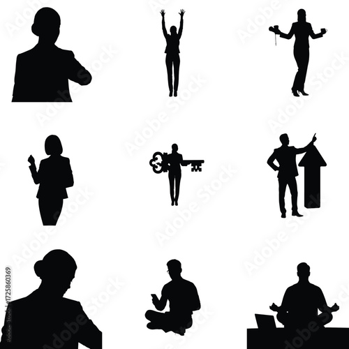 Diverse silhouettes showcase business professionals in various activities representing success leadership and worklife balance in a modern workplace
