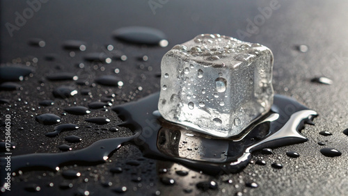 Ice cube dissolving with water beads on reflective black background, conveying cool texture, elegance, and fleeting beauty.
