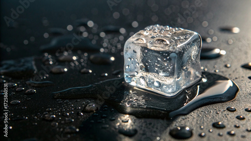 Minimalist shot of ice cube melting with droplets on glossy dark surface, emphasizing contrast and delicate freshness.