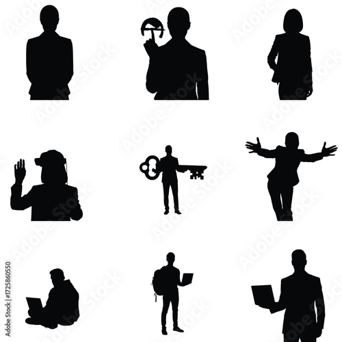 Silhouette collection of diverse business professionals in various poses showcasing teamwork technology and success in a modern workplace setting