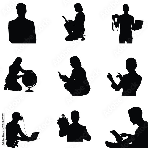 Silhouettes of diverse people using technology including tablets laptops cameras and virtual reality headsets against a white background