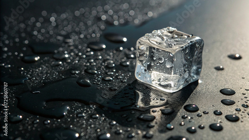 Melting crystal-clear ice cube surrounded by droplets against dark backdrop, highlighting fragility, freshness, and minimalism.