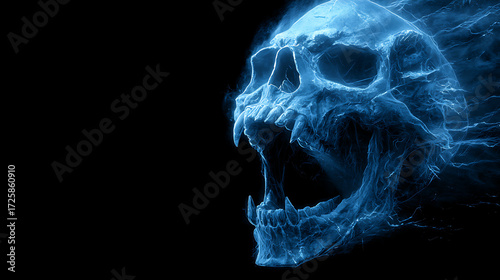 Screaming phantom skull engulfed in cold blue supernatural fire on a black background
