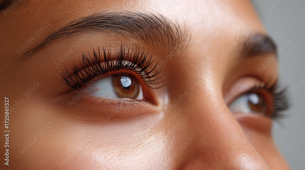 Fototapeta premium Macro shot showing natural eyelashes and after eyelash extensions, beauty salon procedure results, concept of eye beauty transformation natural vs eyelash extensions, lash extensio