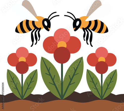 Two Bees Flying Over Red Flowers in a Garden Illustration