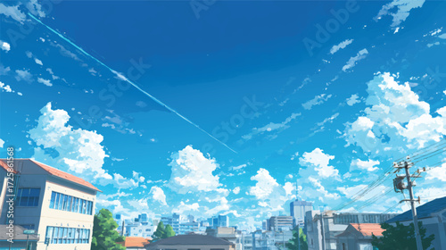 A panoramic view of a cityscape with mountains in the background, featuring a bright blue sky filled with fluffy clouds