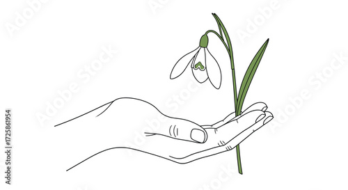 A delicate snowdrop held gently in an open palm, symbolizing the first signs of spring and fragile beauty.