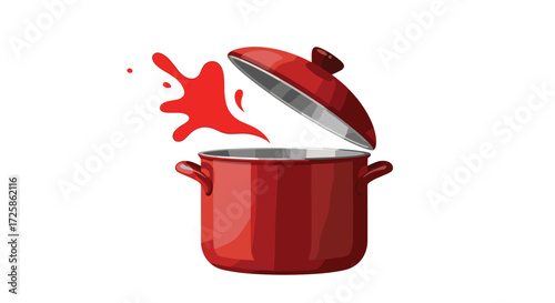 A red cooking pot with a lid slightly ajar and a red splash of liquid erupting from it.