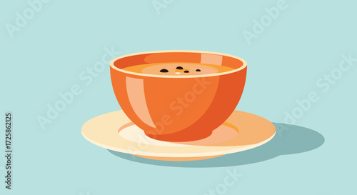 A bowl of warm soup sits on a saucer with a light blue background.