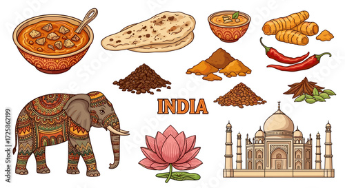Cartoon illustration of indian culture, food, and landmarks on transparent background