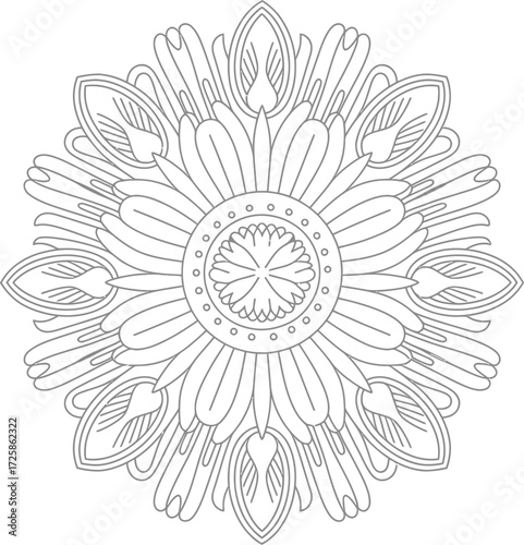Intricate floral mandala design detailed line art for coloring and relaxation