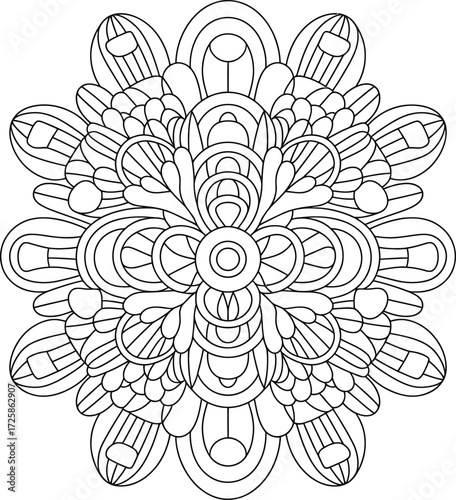 Intricate black and white floral mandala design with symmetrical repeating patterns