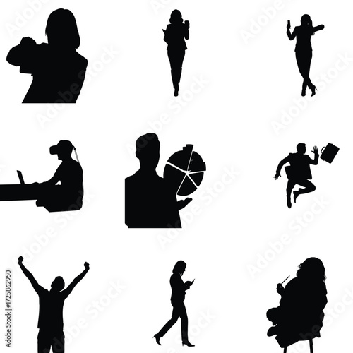 Silhouette collection showcasing diverse professionals in various activities symbolizing business technology and creative work in a modern world