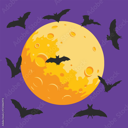 Flying bat silhouette under moonlight in Halloween vector illustration