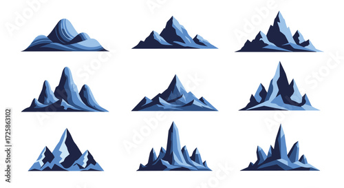 A collection of diverse icy mountain peaks in pixel art style.