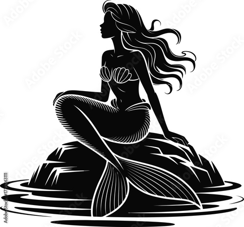 Elegant mermaid silhouette perched upon a rock surrounded by swirling water