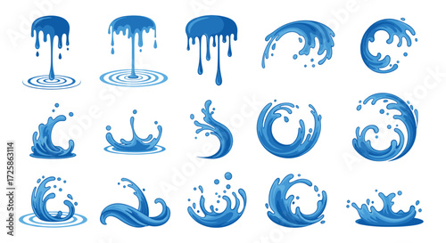 A collection of various water splash and drip illustrations. 
