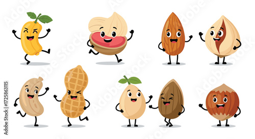 A collection of cute cartoon nuts with happy faces dancing.