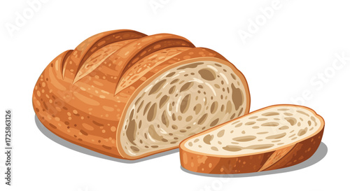 A loaf of rustic artisan bread with a slice cut off.