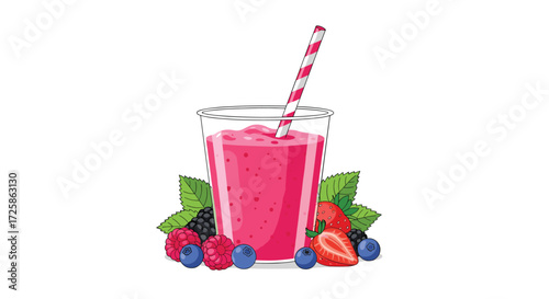 A delicious blended berry smoothie with fresh fruits and leaves.