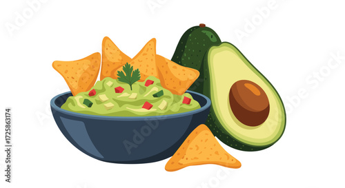 Delicious homemade guacamole with crispy tortilla chips and fresh avocado.