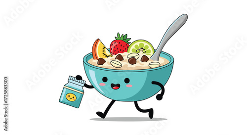 A cute bowl of cereal walking with a water bottle.