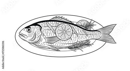 Whole baked fish with lemon and herbs on a platter.
