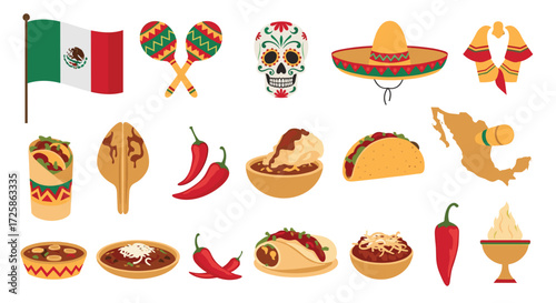 Collection of Mexican culture and food icons.