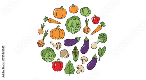 A circle of fresh vegetables and fruits displayed.