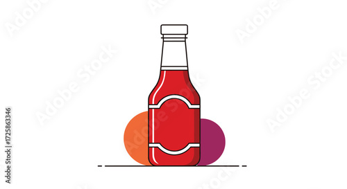 A close up of a bottle of ketchup with two blurred circles behind it.