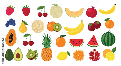 A vibrant collection of colorful pixel art fruits displayed in a grid format.