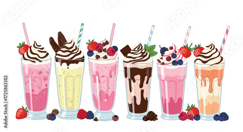 Delicious milkshakes with whipped cream and fresh berries.