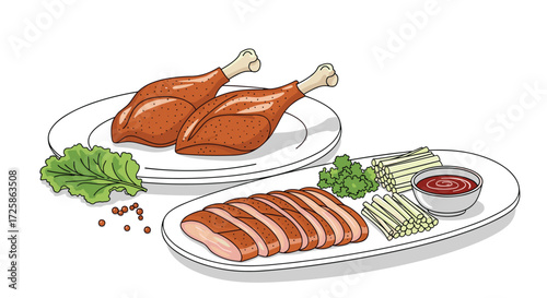 Delicious roasted duck served with fresh greens and dipping sauce.