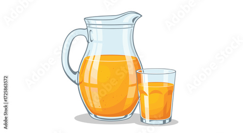 A glass of orange juice next to a pitcher filled with the same beverage.