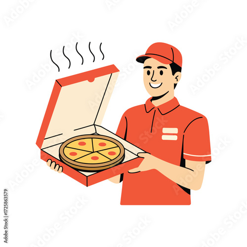 Pizza Delivery Man Character Holding a Hot Pizza Box Illustration