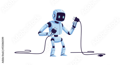 A small light blue robot is trying to plug in a cord.