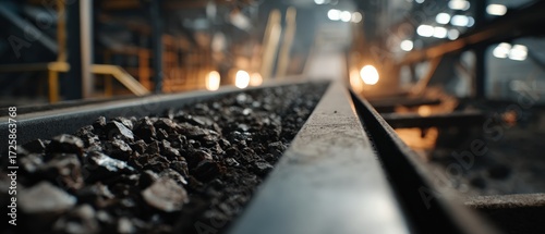 Industrial conveyor belt transporting raw coal in a dark mine Concept of mining, energy resources, and fossil fuels