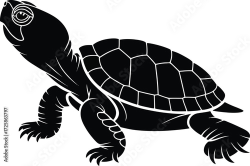 A simple black silhouette illustration of a turtle walking forward