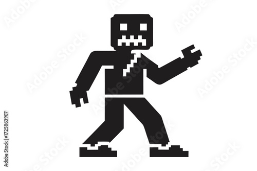 Pixelated black monster character aggressively strides forward, embodying retro gaming style and threatening pose