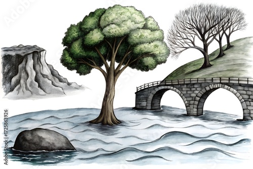 Serene Landscape with Tree, Bridge, and Cliffs Vector Illustration